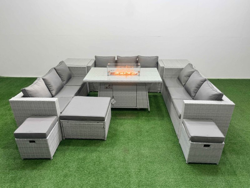 Fimous PE Rattan Lounge Sofa Set Outdoor Garden Furniture Set with Firepit Dining Table 3 Seater Sofa 2 Side Table 3 Stools Light Grey