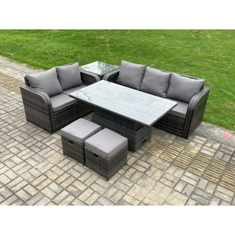 Fimous Outdoor Rattan Garden Furniture Sets Height Adjustable Rising lifting Dining Table Lounge Sofa Set With Side Table 2 Small Footstools Dark Grey Mixed