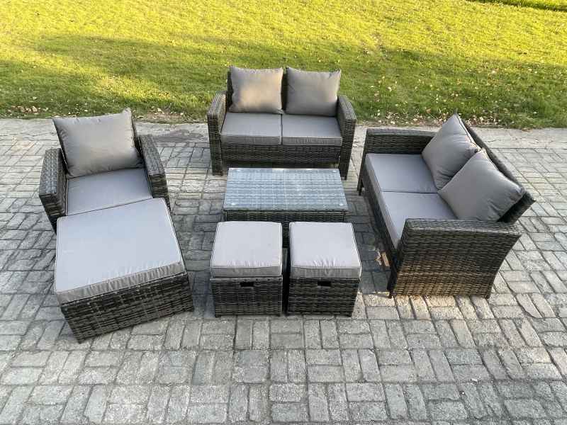 Fimous Rattan Garden Furniture Set 8 Seater Patio Outdoor Lounge Sofa Chair Set with Rectangular Coffee Table 3 Footstools Dark Grey Mixed