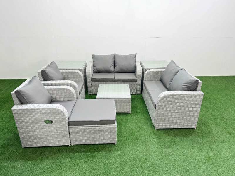 Fimous 7 Seater Outdoor Reclining Chair Love Sofa Set Rattan Garden Furniture Set with Square Coffee Table Footstool 2 Side Tables Light Grey