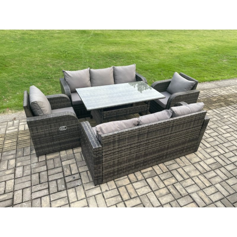 Fimous 8 Seater Lounge Rattan Sofa Set Outdoor Garden Furniture Oblong Rectangular Dining Table With Adjustable Chair 3 Seater Sofa Dark Grey Mixed