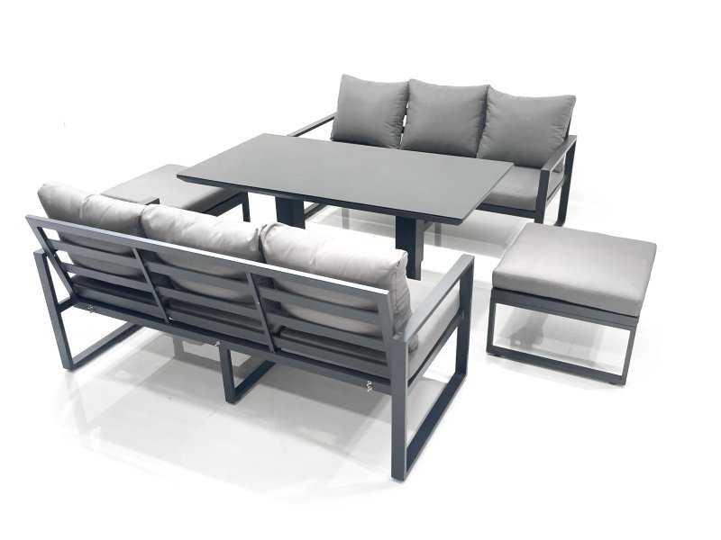 Fimous 8 Seater Aluminium Outdoor Garden Furniture Set with Adjustable Rising Lifting Dining Table 3 Seater Sofa 2 Big Footstool Dark Grey