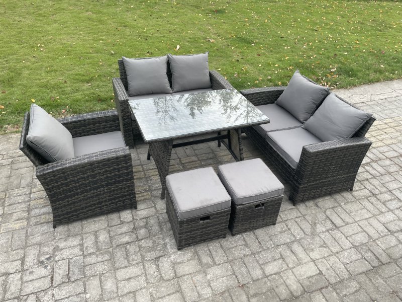Fimous Wicker PE Rattan Garden Dining Set Outdoor Furniture Sofa with Rectangular Dining Table Love Seat Sofa 2 Small Footstools Dark Grey Mixed