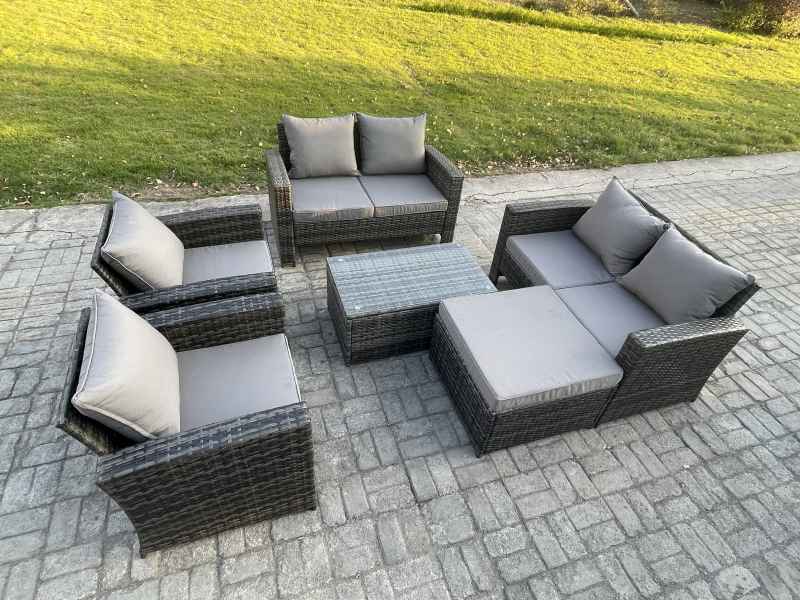 Fimous Garden Furniture Sets 6 Pieces Outdoor Rattan Furniture Manual Wicker Patio Sofa Chair Set with Coffee Table Big Footstool Dark Grey Mixed