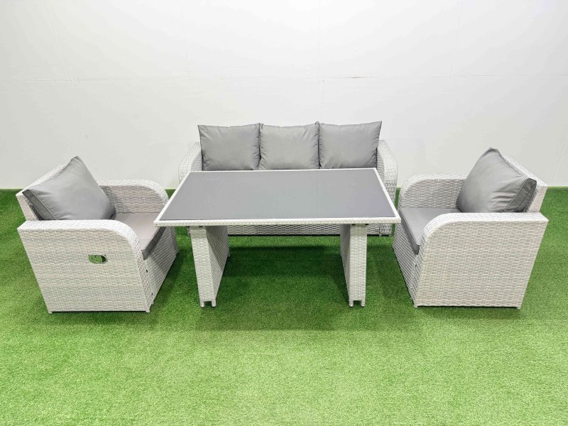 Fimous Outdoor Rattan Garden Furniture Dining Set 5-seater Patio Rectangular Table 3 Seater Sofa Reclining Chair Set