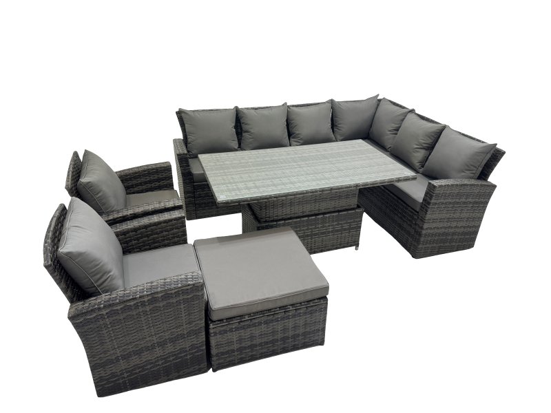 Fimous 9 Seat Rattan Garden Furniture Corner Sofa Set Outdoor Adjustable Lifting Dining or Coffee Table Set with Big Footstool Dark Grey Mixed