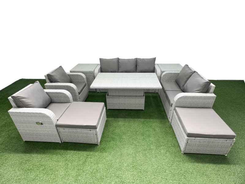 Fimous PE Rattan Garden Furniture Set Reclining Chair Sofa Double Love Seat 2 Seater Sofa Lounge Set Adjustable Lifting Dining or Coffee Table 2 Big Footstool 2 Side Table Light Grey