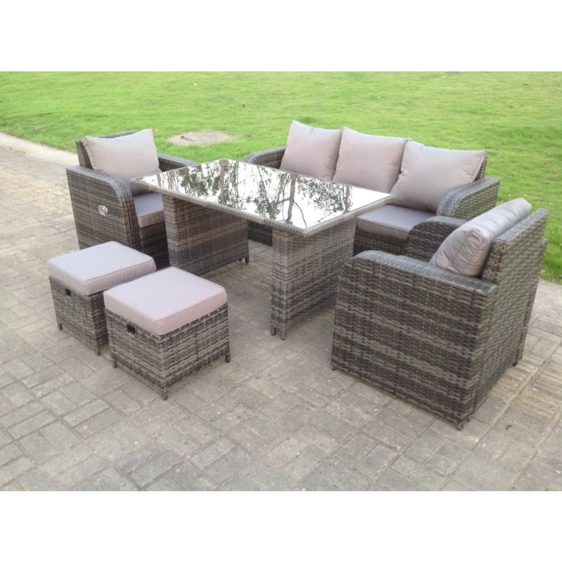 Fimous PE Rattan Garden Furniture Set Adjustable Chair Lounge 3 Seater Sofa Oblong Rectangular Dining Black Glass Table 2 Stools