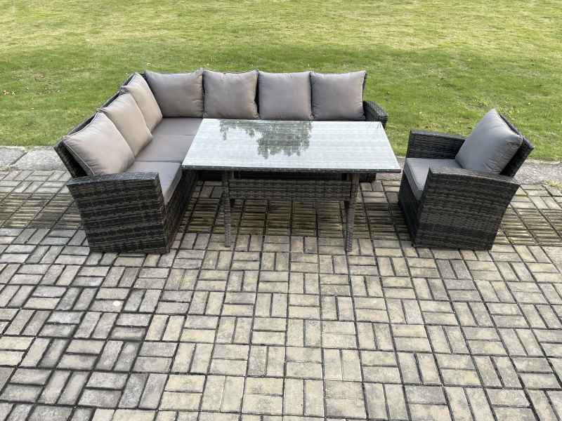 Fimous 7 Seater Garden Rattan Furniture Corner Dining Set Indoor Outdoor Lounge Sofa Set Dark Grey Mixed