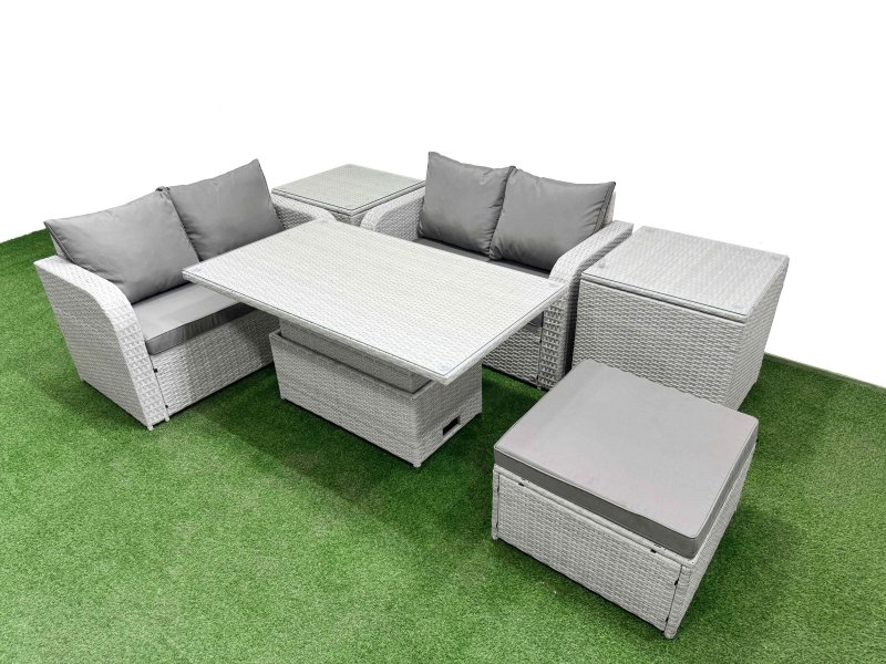 Fimous 5 Seater Outdoor Love Sofa Set Rattan Garden Furniture Set with Adjustable Lifting Dining or Coffee Table Big Footstool 2 Side Tables Light Grey