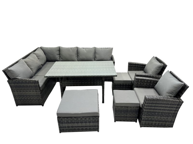 Fimous 11 Seat Poly Rattan Outdoor Patio Dining Table Corner Sofa Set with 3 Stool 2 Chairs for Garden Backyard Dark Grey Mixed