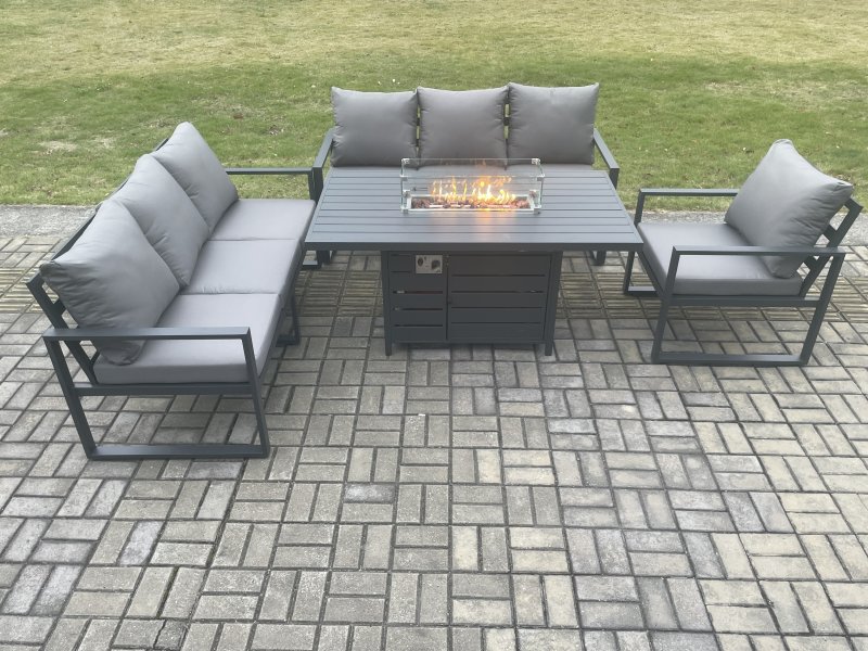 Fimous Aluminium Outdoor Lounge Sofa Garden Furniture Sets Gas Fire Pit Dining Table Set Dark Grey