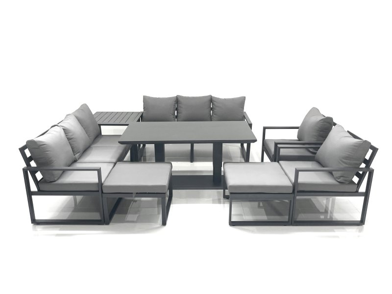 Fimous Garden Sofa Set Aluminium Furniture Rising Dining Tabe Set with 2 Chair 2 Big Footstool Side Table Dark Grey