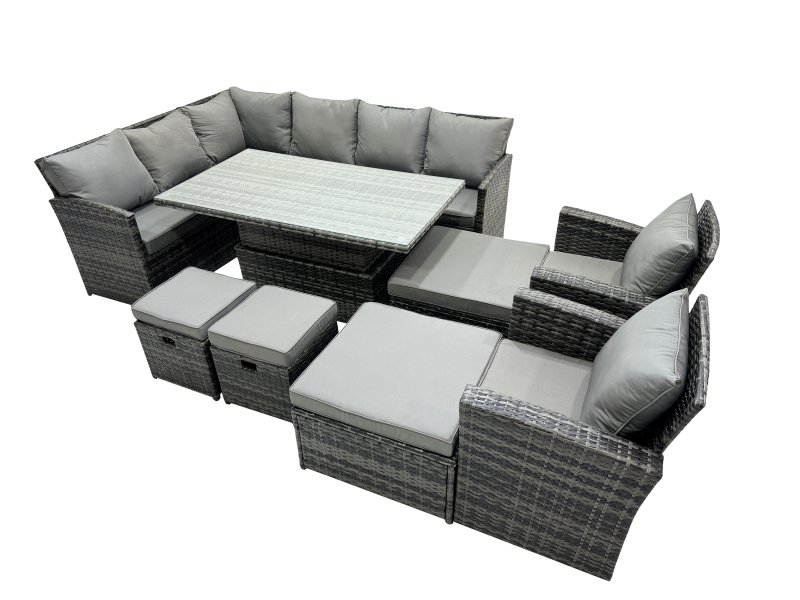 Fimous 12 Seat Poly Rattan Outdoor Patio Height Adjustable Rising Lifting Table Corner Sofa Set with 4 Stool 2 Chairs for Garden Backyard Dark Grey Mixed