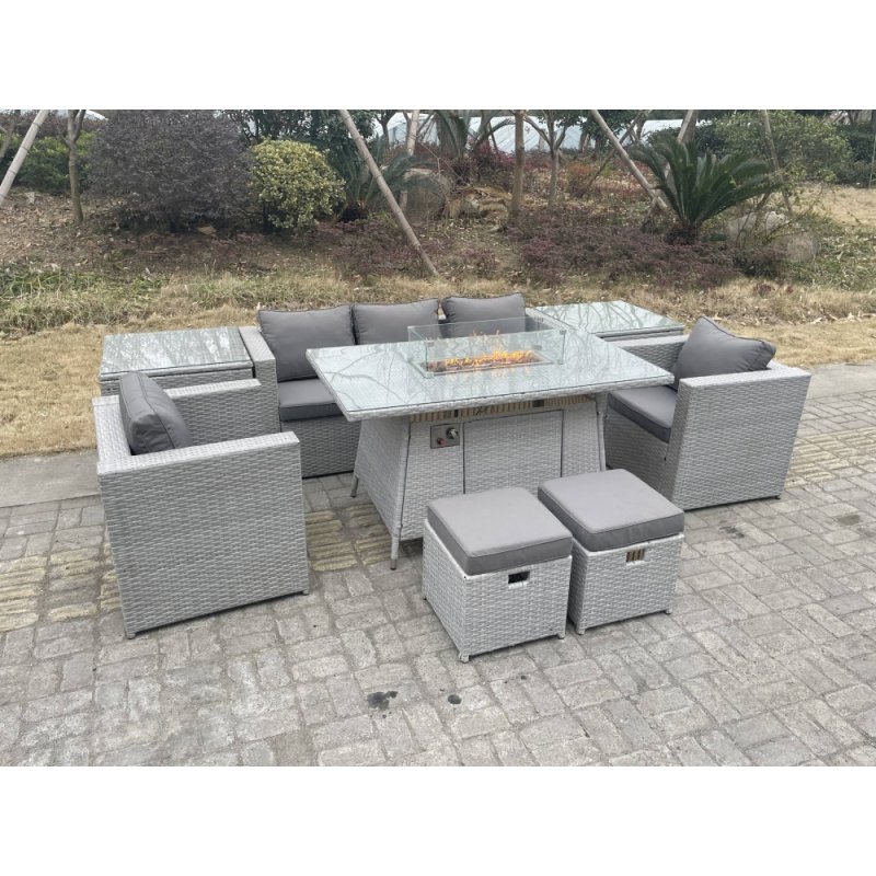 Fimous Rattan Garden Furniture Set Gas Fire Pit Lounge Sofa Chair Dining Set With 2 Side Table And 2 PC Arm Chair 2 Stools