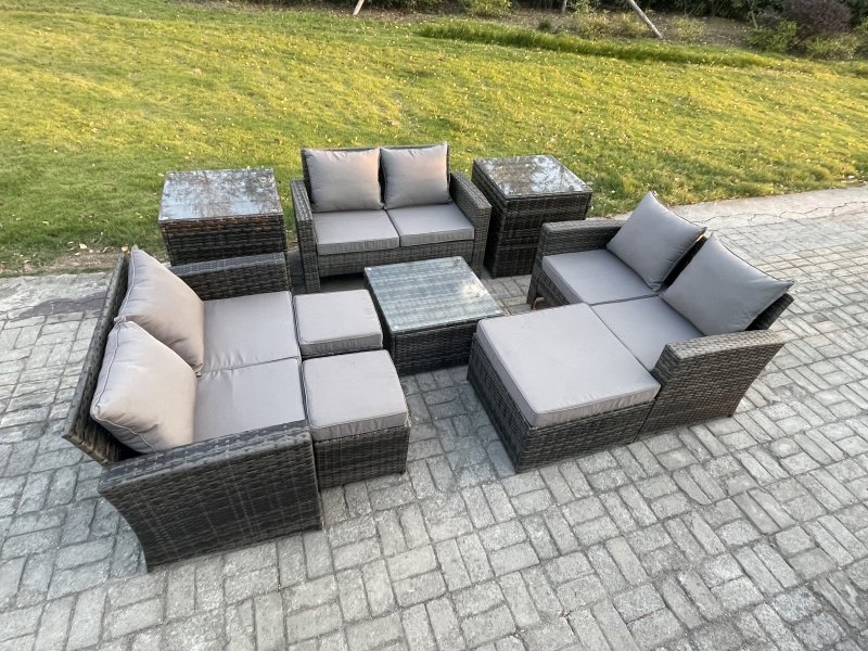 Fimous Outdoor Lounge Sofa Set Wicker PE Rattan Garden Furniture Set with Square Coffee Table Double Seat Sofa 3 Footstools 2 Side Tables Dark Grey Mixed