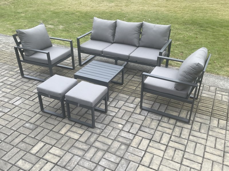 Fimous Aluminium 7 Seater Outdoor Lounge Sofa Set Garden Furniture Sets with Square Coffee Table 2 Chairs 2 Small Footstools Dark Grey