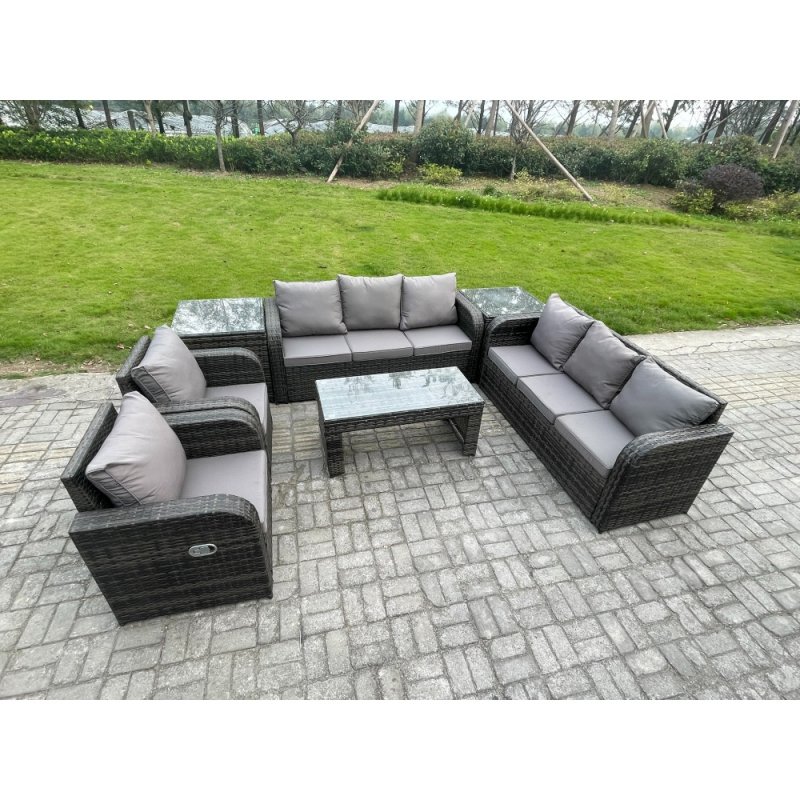 Fimous Wicker PE Rattan Sofa Set Outdoor Patio Garden Furniture with Reclining Chair Coffee Table 2 Side Tables Dark Grey Mixed