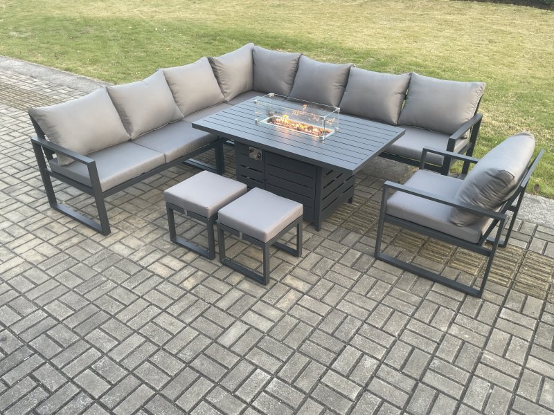Fimous Aluminium 10 Seater Garden Furniture Outdoor Set Patio Lounge Sofa Gas Fire Pit Dining Table Set with Chair 2 Small Footstool Dark Grey
