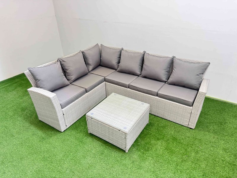 Fimous Outdoor Rattan Garden Furniture Set 6 Seater Corner Sofa Sets with Square Coffee Table Light Grey Mixed