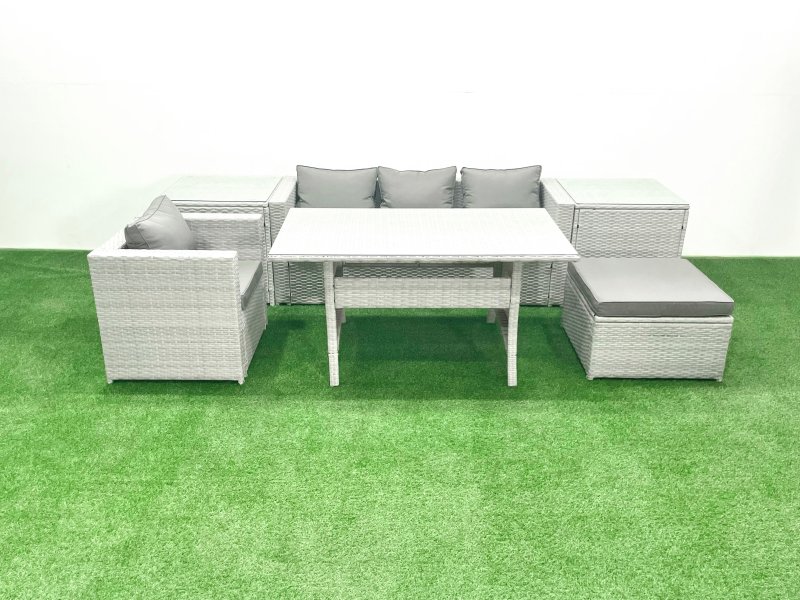 Fimous Rattan Garden Furniture Dining Set 5 Seater Lounge Sofa Chair Dining Table Set with Big Footstool Light Grey Mixed