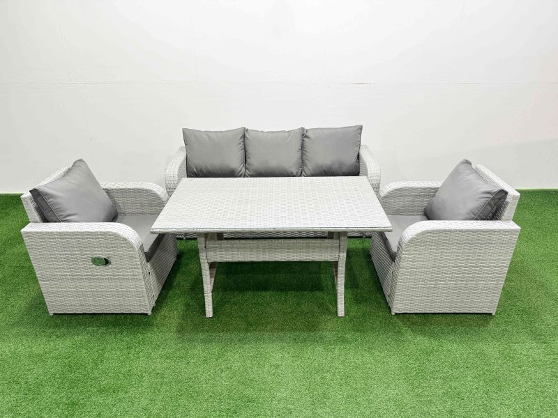 Fimous PE Rattan Garden Furniture Set Reclining Chair Sofa Lounge Sofa Set Rectangular Dining Table Light Grey
