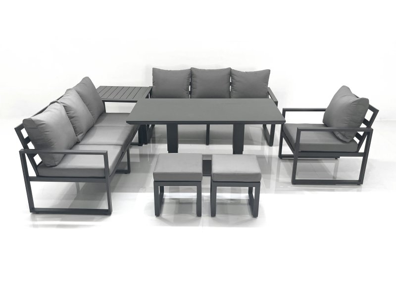 Fimous Outdoor Garden Furniture Set Aluminium Lounge Sofa Adjustable Rising Lifting Dining Table Sets with 2 Small Footstools Side Table Dark Grey