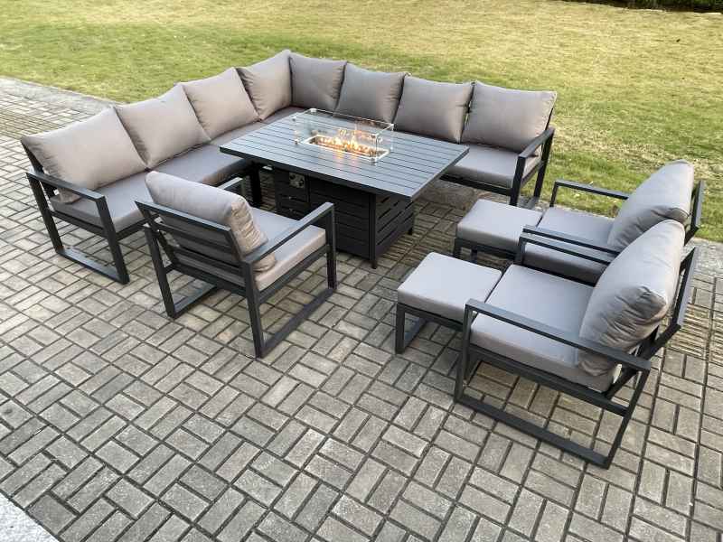 Fimous Aluminium 12 Seater Garden Furniture Outdoor Set Patio Lounge Sofa Gas Fire Pit Dining Table Set with 3 Chairs 2 Small Footstools Dark Grey