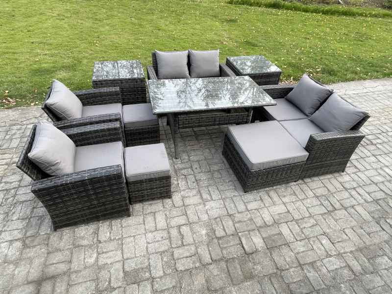 Fimous Garden Furniture Sets 10 Pieces Rattan Furniture Handmade Wicker Patio Sofa Set with 3 Footstools 2 Side Tables Dark Grey Mixed