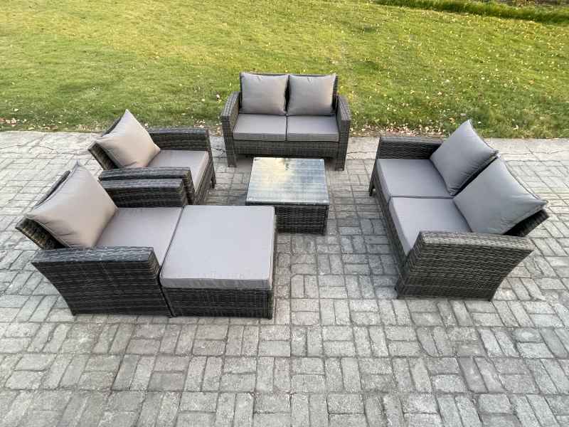 Fimous Rattan Garden Furniture Set 7 Seater Patio Outdoor Lounge Sofa Set with Square Coffee Table Double Seat Sofa Big Footstool Dark Grey Mixed