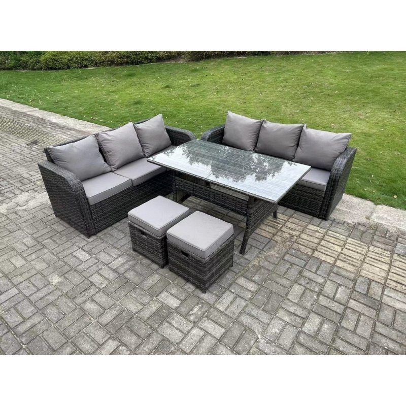 Fimous Dark Grey PE Wicker Rattan Garden Furniture Set Lounge Sofa 3 Seater Sofa Set Outdoor Rectangular Dining Table With 2 Stools 8 Seater