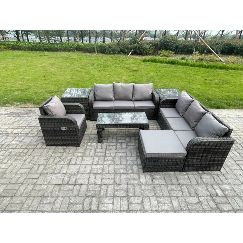 Fimous 8 Seater Outdoor Lounge Sofa Set Rattan Garden Furniture Set with Rectangular Coffee Table Big Footstool 3 Seater Sofa 2 Side Tables Dark Grey Mixed