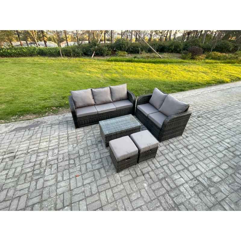 Fimous 7 Seater Rattan Wicker Garden Furniture Patio Conservatory Sofa Set with Rectangular Coffee Table 3 Seater Sofa Love Sofa 2 Small Footstools