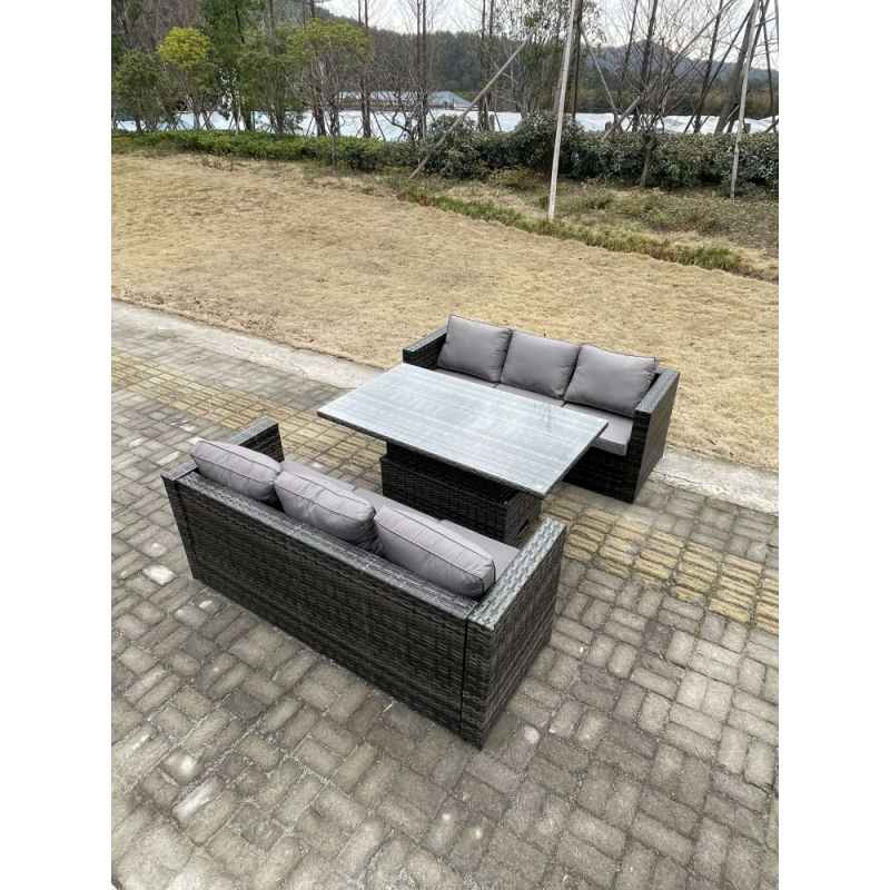 Fimous 6 Seater?Outdoor Rattan Sofa Set Garden Furniture Adjustable Rising Lifting Dining Table Dark Grey Mixed