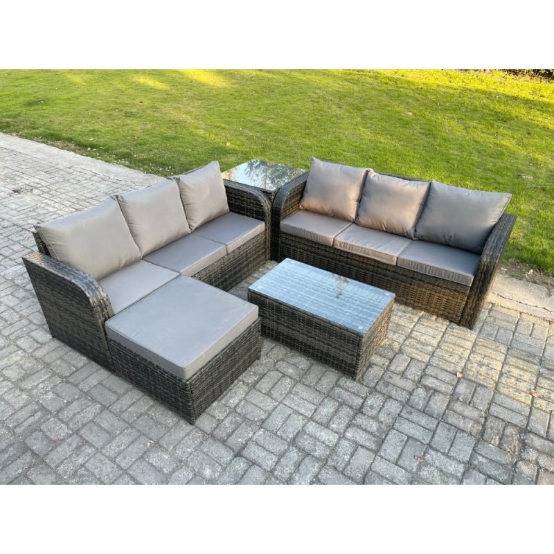 Fimous Outdoor Garden Furniture Sets 7 Seater Wicker Rattan Furniture Sofa Sets with Rectangular Coffee Table 3 Seater Sofa Side Table