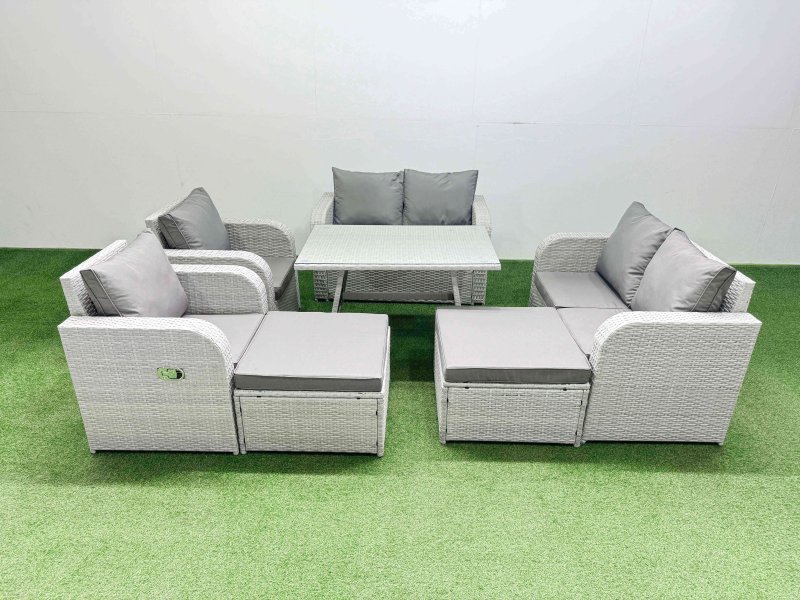 Fimous 8 Seater Rattan Garden Furniture Set Outdoor Love Sofa Set with Rectangular Dining Table 2 Big Footstools Light Grey
