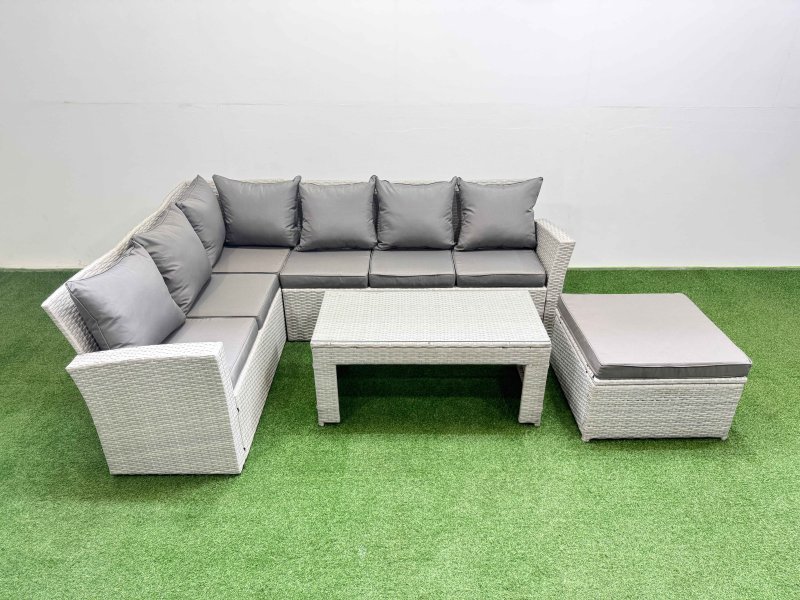 Fimous Rattan Garden Furniture Set Outdoor 7 Seater Corner Sofa Sets with Oblong Coffee Table Big Footstool Light Grey Mixed