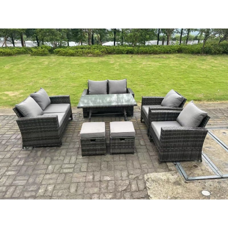 Fimous 8 Seater Outdoor Dark Grey Mixed High Back Rattan Sofa Dining Table Set Garden Furniture Love Sofa Chair 2Stools