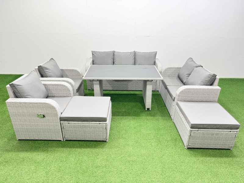 Fimous 9 Seater Garden Furniture Set PE Ratten Garden Sofa Set with Rectangular Dining Table 2 Big Stool Light Grey
