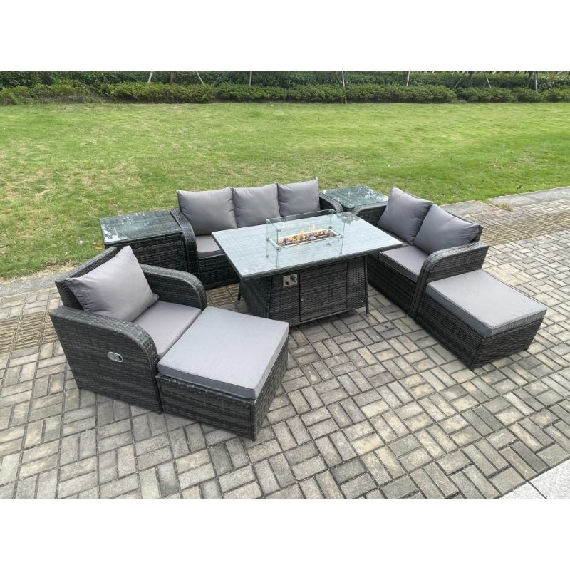 Fimous Garden Patio Furniture Wicker Rattan Gas Fire Pit Table and Sofa Chair set with 2 Side Tables 2 Big Footstool