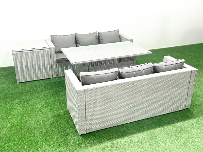 Fimous Rattan Garden Furniture Set 6 Seater Outdoor Sofa Set with Dining Table Side Table Light Grey Mixed