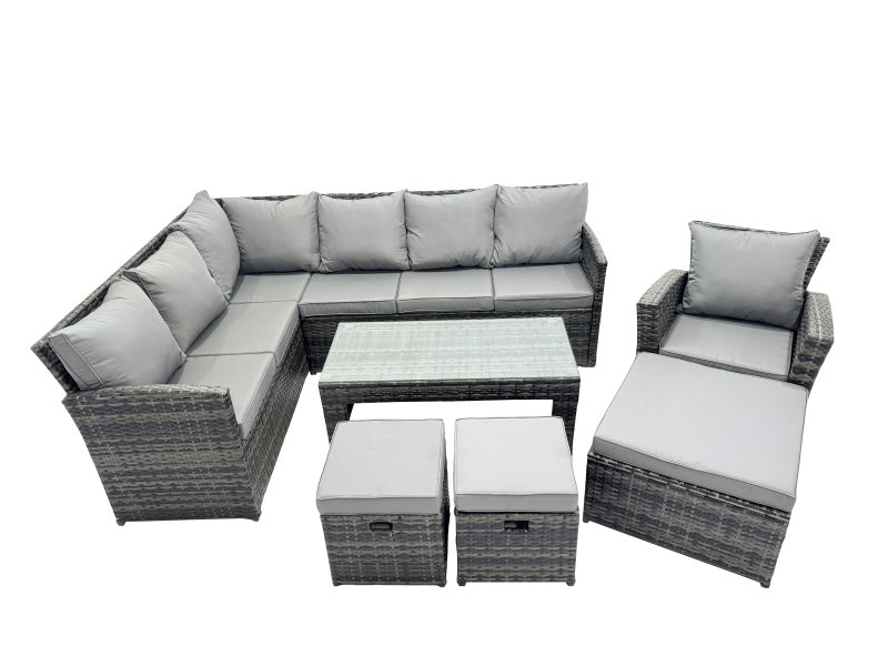 Fimous 10 Seat Poly Rattan Outdoor Patio Oblong Coffee Table Corner Sofa Set with 3 Stool Chair for Garden Backyard Dark Grey Mixed