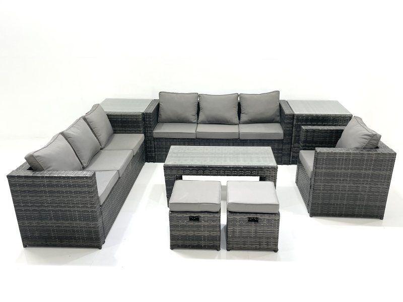 Fimous Rattan Garden Furniture Set Outdoor 9 Seater Patio Conversation Sets with Glass Top Coffee Table Stool 2 Side Tables