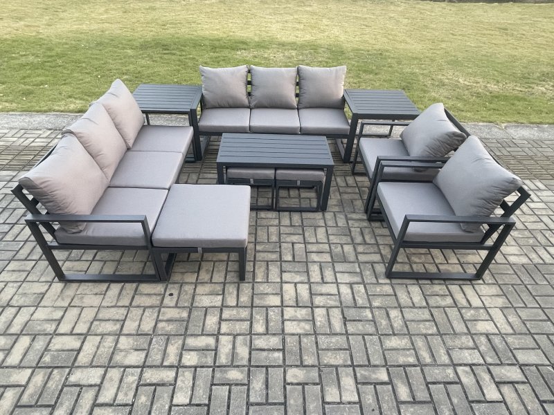 Fimous Aluminium Outdoor Garden Furniture Lounge Sofa 2 PC Chairs Oblong Coffee Table Sets with 2 Side Tables 3 Footstools Dark Grey