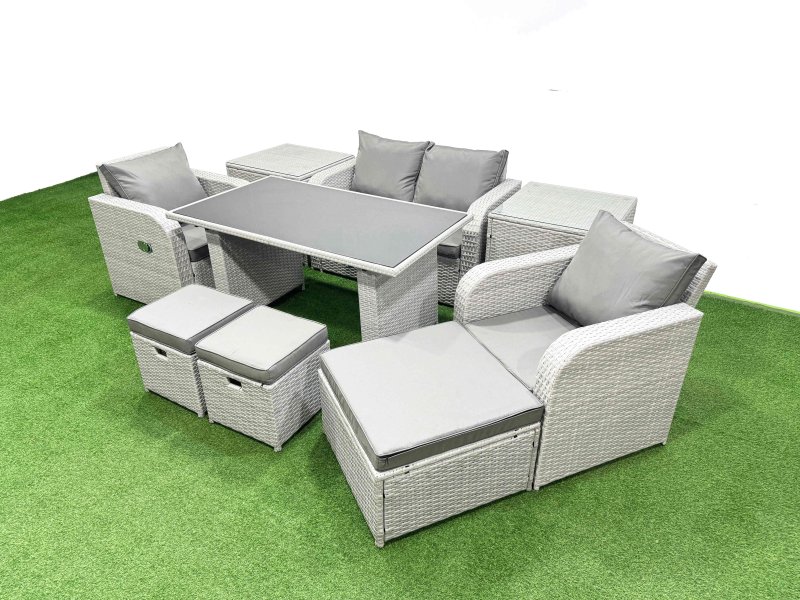 Fimous Outdoor Rattan Garden Furniture Dining Set 7-seater Patio Rectangular Table Love Sofa Reclining Chair Set with 2 Side Tables 3 Stools