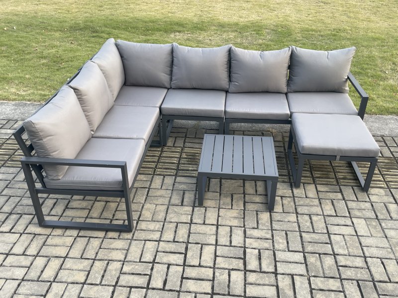 Fimous 7 Seater Aluminium Garden Furniture Set Outdoor Lounge Corner Sofa Square Coffee Table Sets with Big Footstool Dark Grey