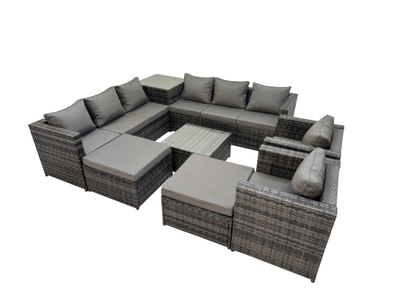 Fimous 10 Seater Garden Outdoor Rattan Furniture Set Patio Corner Sofa Coffee Table with Side Table 2 Big Stool Dark Grey