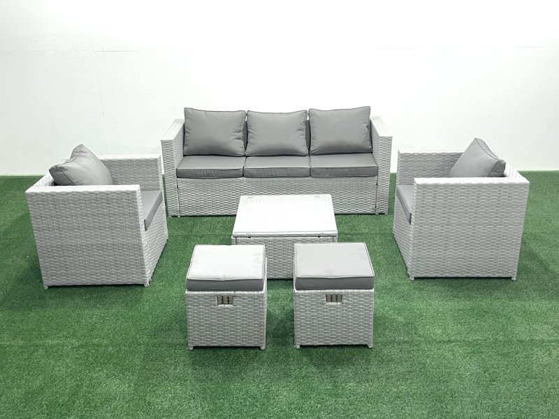 Fimous 7 Seater Rattan Garden Furniture Set with 3 Seater Sofa 2 Chair Square Coffee Table 2 Small Footstools Light Grey Mixed