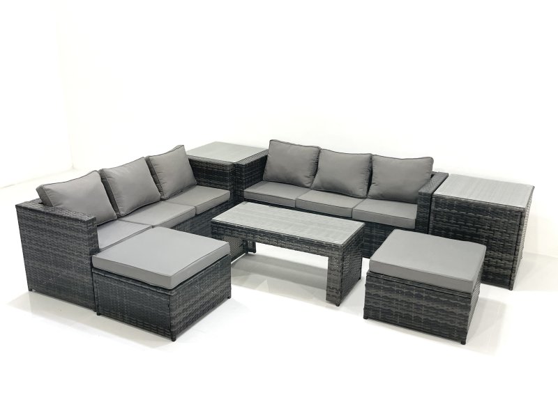 Fimous Garden Outdoor Rattan Furniture Set with Sofa Coffee table 2 Big Footstools 2 Side Tables Dark Grey Mixed