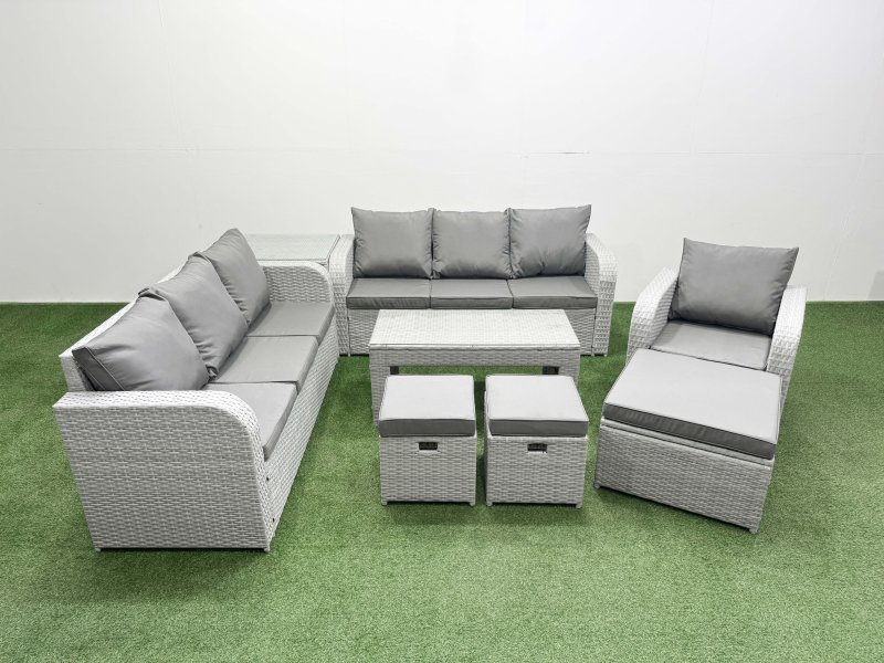 Fimous 10 Seater Poly Rattan Outdoor Garden Furniture Oblong Coffee Table Sofa Set Patio 3 Seater Sofa Reclining Chair 3 Seater Sofa 3 Stools Side Table Light Grey